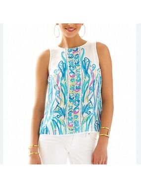 Lilly Pulitzer Iona Sky love story printed silk shell button back sleeveless xs